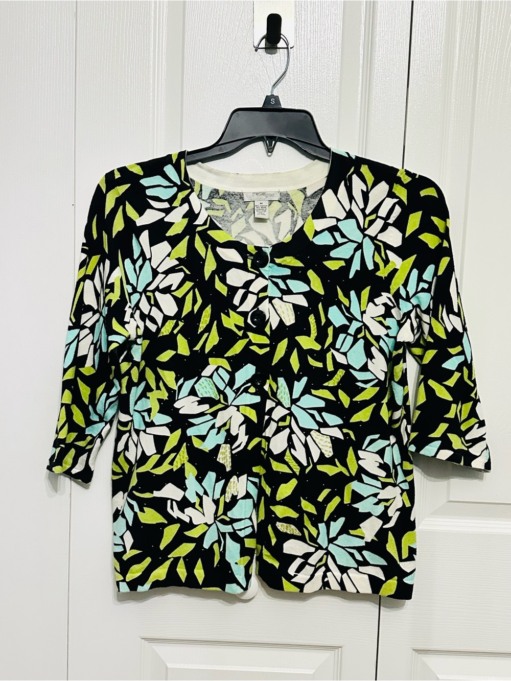 Mercer Street Studio Women’s M Floral Cardigan Black Aqua Green Beaded